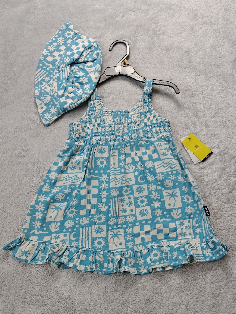 Volcom Ice Blue Whimsical Print Two Piece Sundress and Hat Set Size 3T New